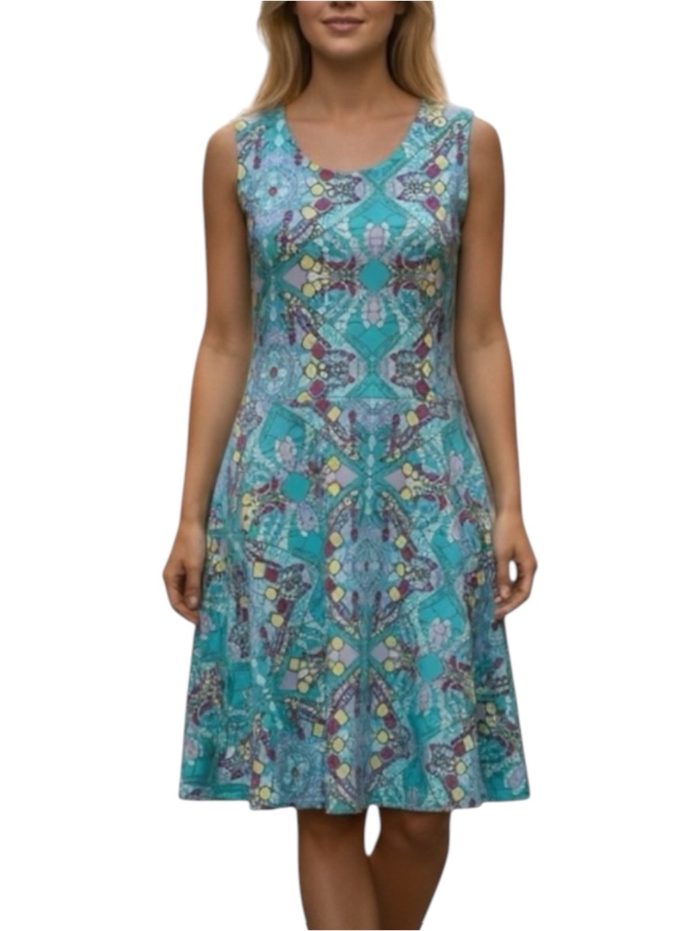 Alya Teal White Sleeveless Dress NWOT Size M Casual Feminine